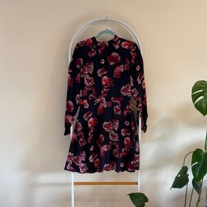 Banana Republic Navy and Red Floral Long Sleeve Dress